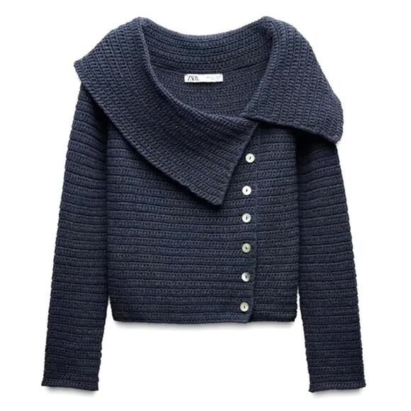 Zara Sweaters - Zara Rustic Knitwear Top Shawl Collar Sweater Button Up Size Small Navy Blue